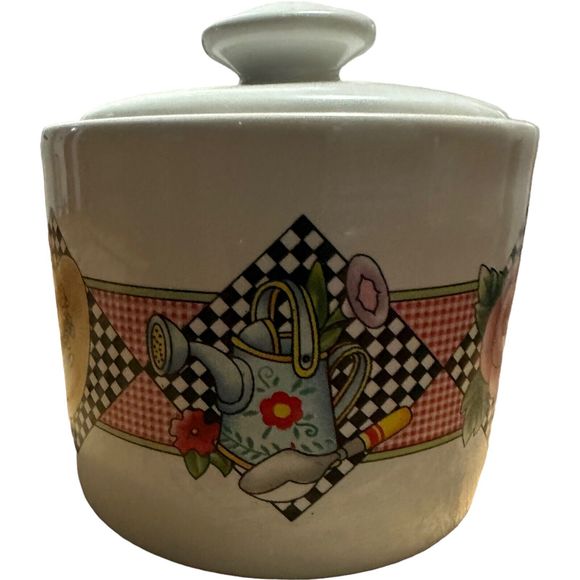 Sakura Garden Time Sugar Bowl & Lid Vintage 90s 1994 Mary Engelbreit Stoneware - Picture 2 of 11